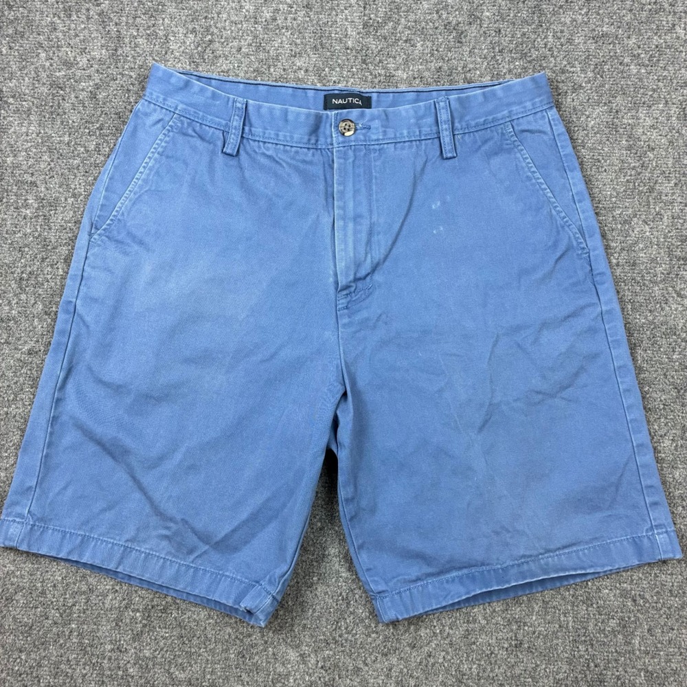 Nautica Mens Size 34W Blue Cotton Chino Shorts Casual Classic Fit Summer